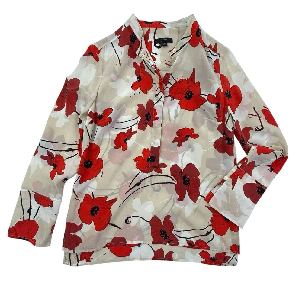 J Crew Silk Blouse XXS Academia Preppy Button Down Red Poppy Floral Long Sleeve